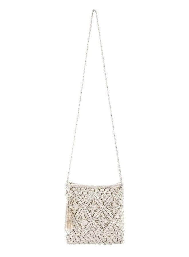 tms Macrame Crossbody Bag, Handwoven Boho Sling Bag for Women, 25 cm x 20 cm, Off-White, Bohemian Shoulder Bag with Adjustable Strap for Casual, Everyday Use- 1 pcs - Image 1